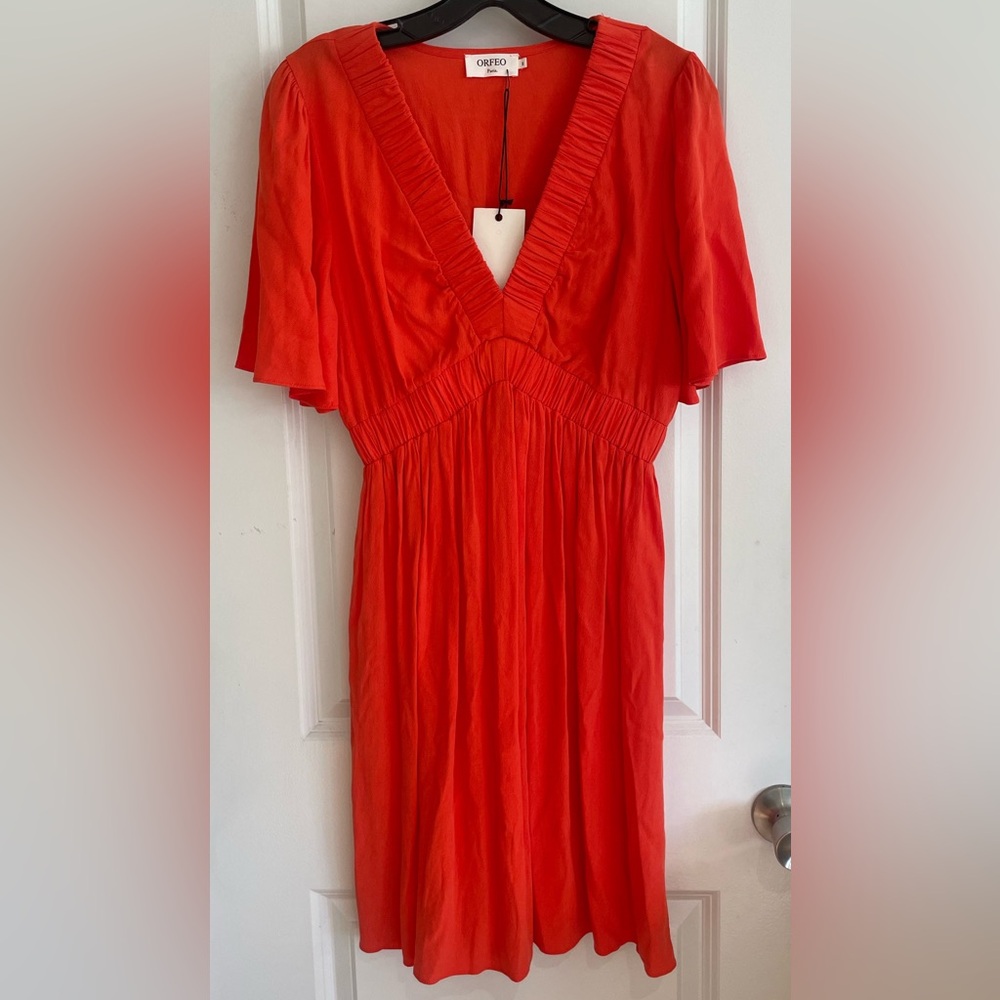 NWT Orfeo Paris Vibrant Coral V-Neck Flutter Sleeve Dress
